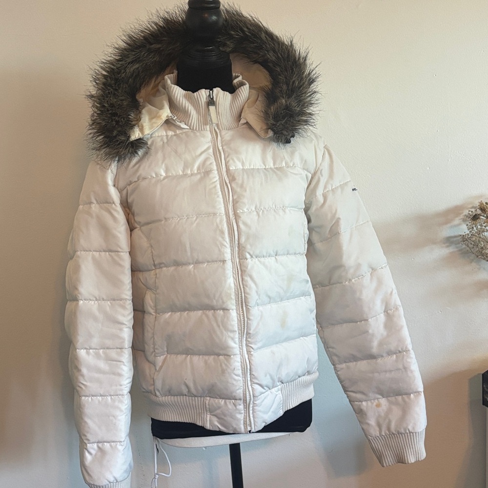 Polo by Ralph Lauren Off-White Puffer Jacket with Faux Fur Hood